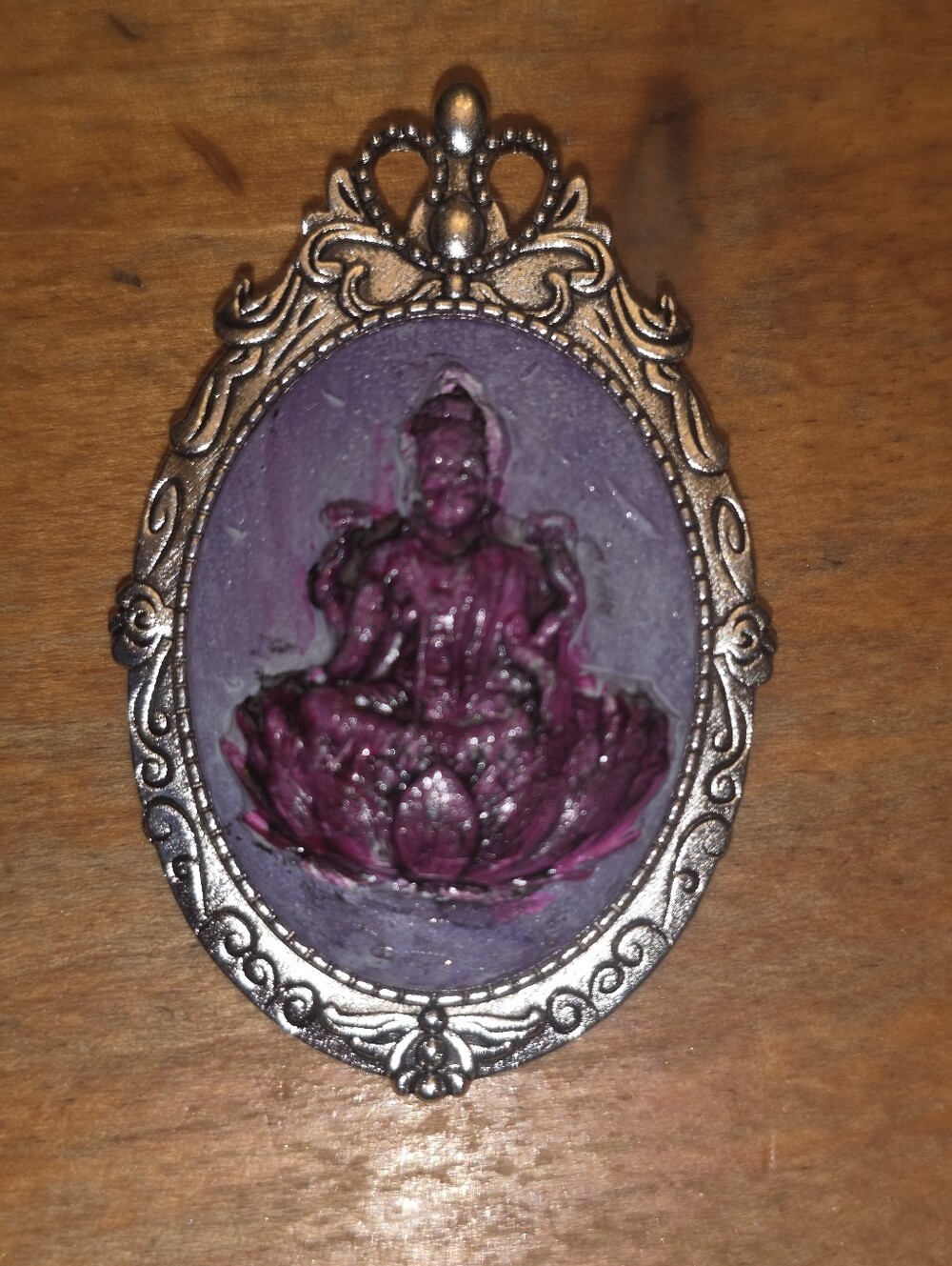 Purple Lakshmi Goddess Seated In Lotus Flower Brooch In Silver Tone Frame
